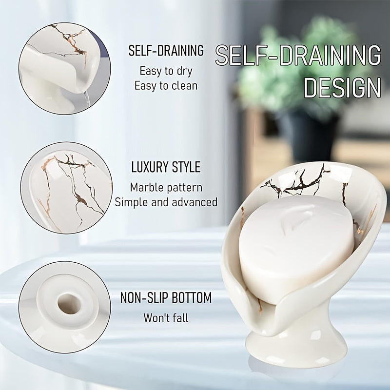 Ceramic Leaf Soap Dish – Self-Draining Marble Design Bathroom Soap Holder (Christmas Gift)