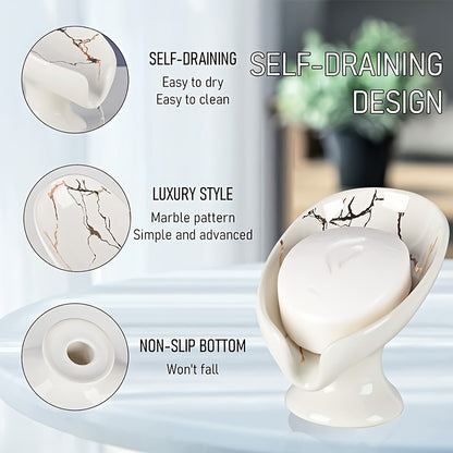 Ceramic Leaf Soap Dish – Self-Draining Marble Design Bathroom Soap Holder (Christmas Gift)