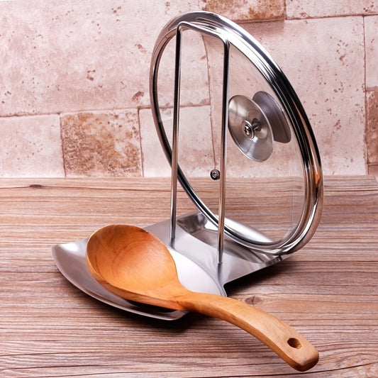 Stainless Steel Pot Lid Rack – Wall-Mounted Organizer with Drain Tray & Spoon Rest (No-Drill)