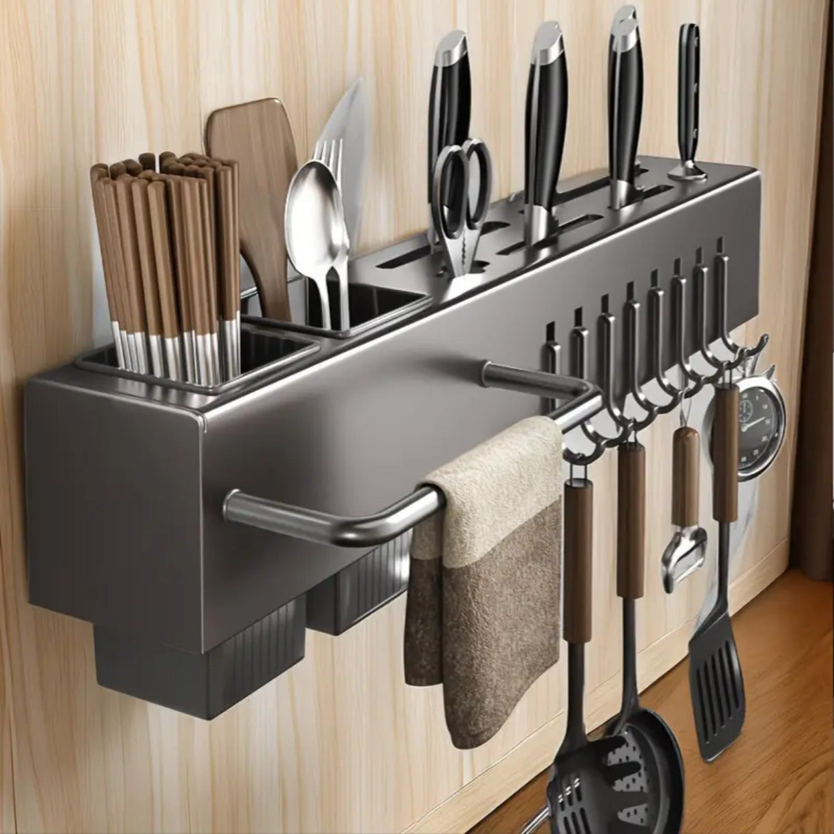 Wall-Mounted Kitchen Organizer – Heavy-Duty Knife & Utensil Rack, No-Drill Space-Saving Design