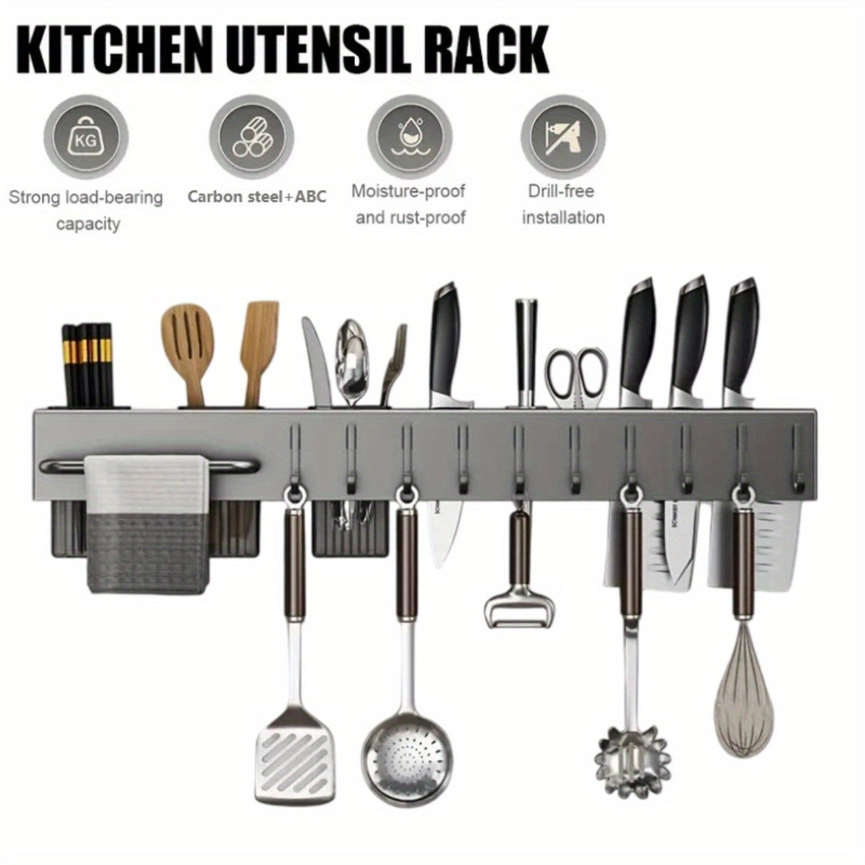 Wall-Mounted Kitchen Organizer – Heavy-Duty Knife & Utensil Rack, No-Drill Space-Saving Design