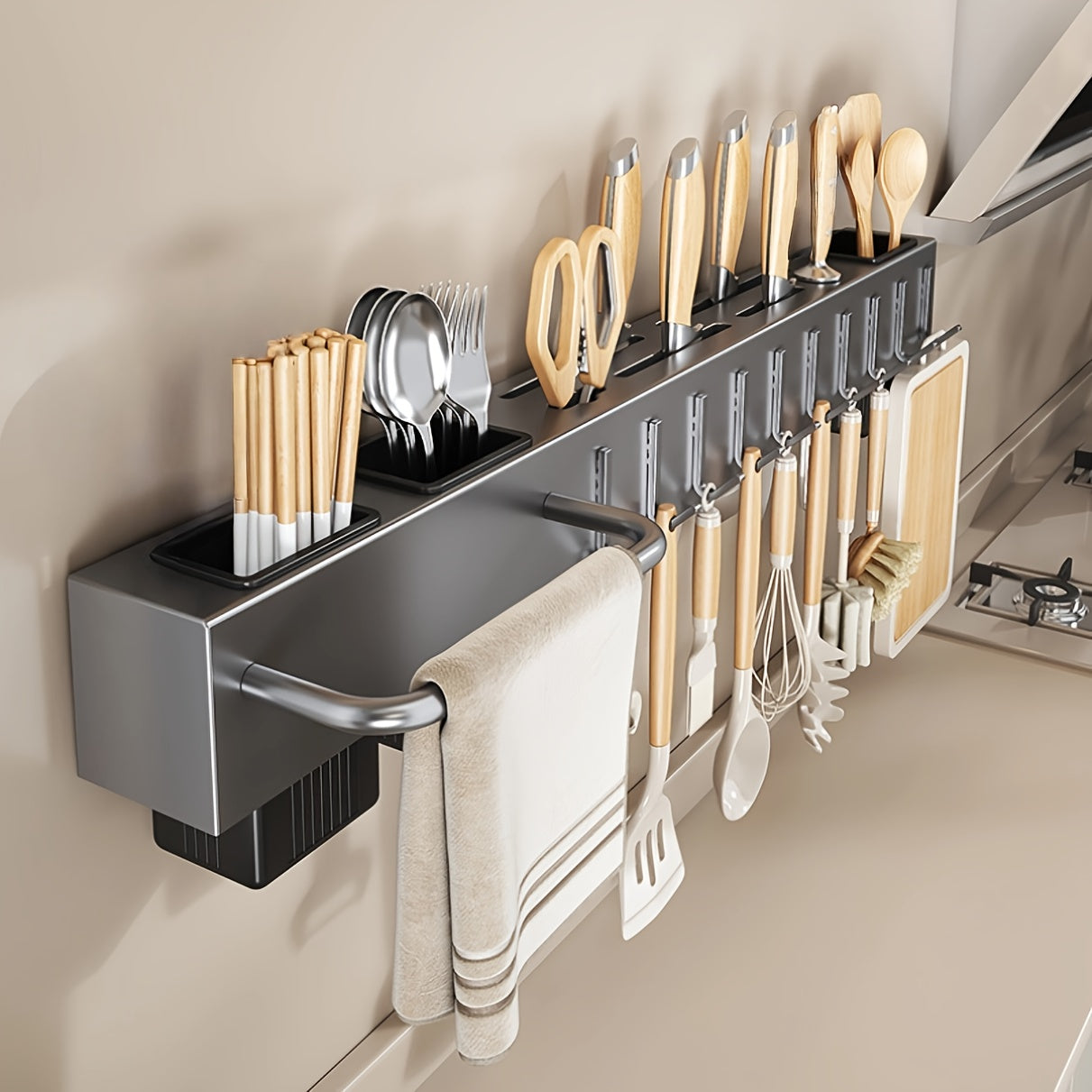Wall-Mounted Kitchen Organizer – Heavy-Duty Knife & Utensil Rack, No-Drill Space-Saving Design