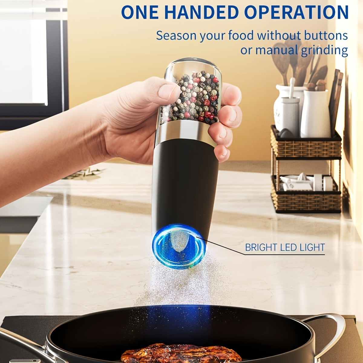 Gravity Electric Salt & Pepper Grinder Set – Automatic One-Hand Battery Mill with LED Light & Adjustable Coarseness