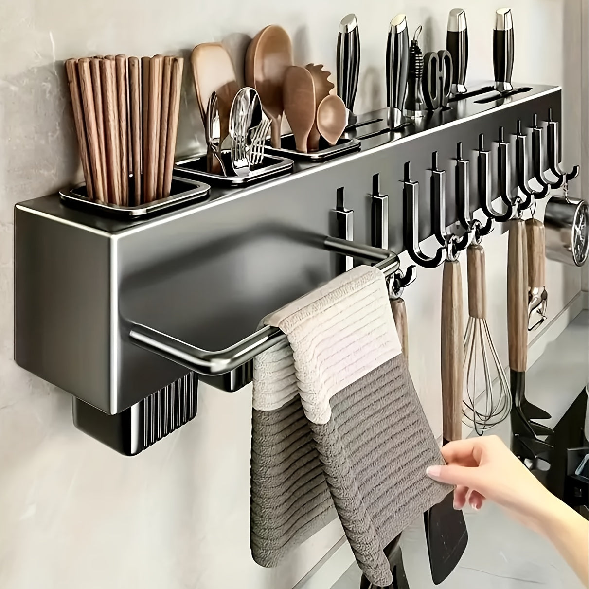 Wall-Mounted Kitchen Organizer – Heavy-Duty Knife & Utensil Rack, No-Drill Space-Saving Design