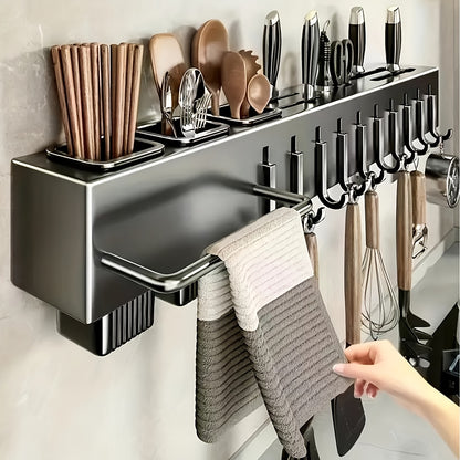 Wall-Mounted Kitchen Organizer – Heavy-Duty Knife & Utensil Rack, No-Drill Space-Saving Design