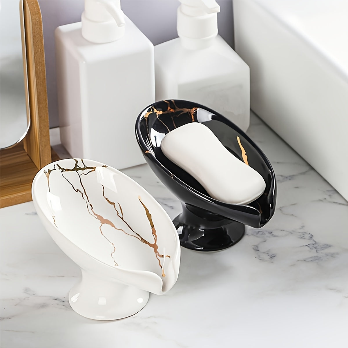 Ceramic Leaf Soap Dish – Self-Draining Marble Design Bathroom Soap Holder (Christmas Gift)