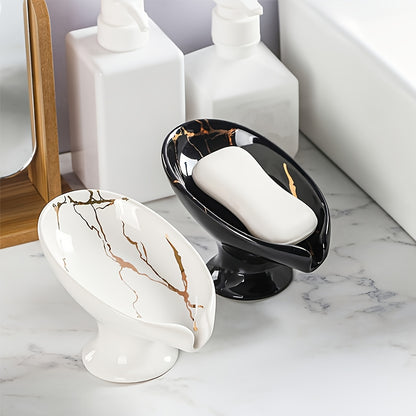 Ceramic Leaf Soap Dish – Self-Draining Marble Design Bathroom Soap Holder (Christmas Gift)