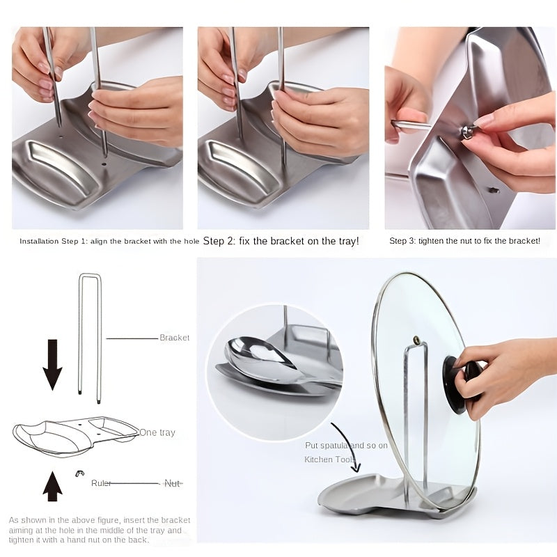 Stainless Steel Pot Lid Rack – Wall-Mounted Organizer with Drain Tray & Spoon Rest (No-Drill)