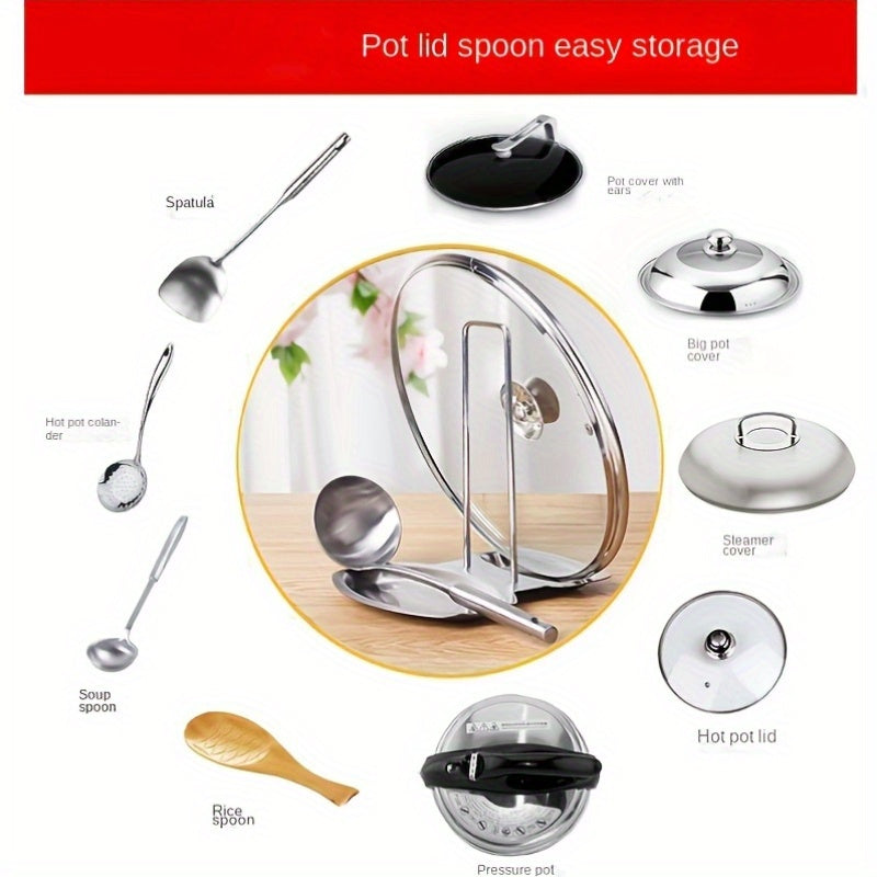 Stainless Steel Pot Lid Rack – Wall-Mounted Organizer with Drain Tray & Spoon Rest (No-Drill)