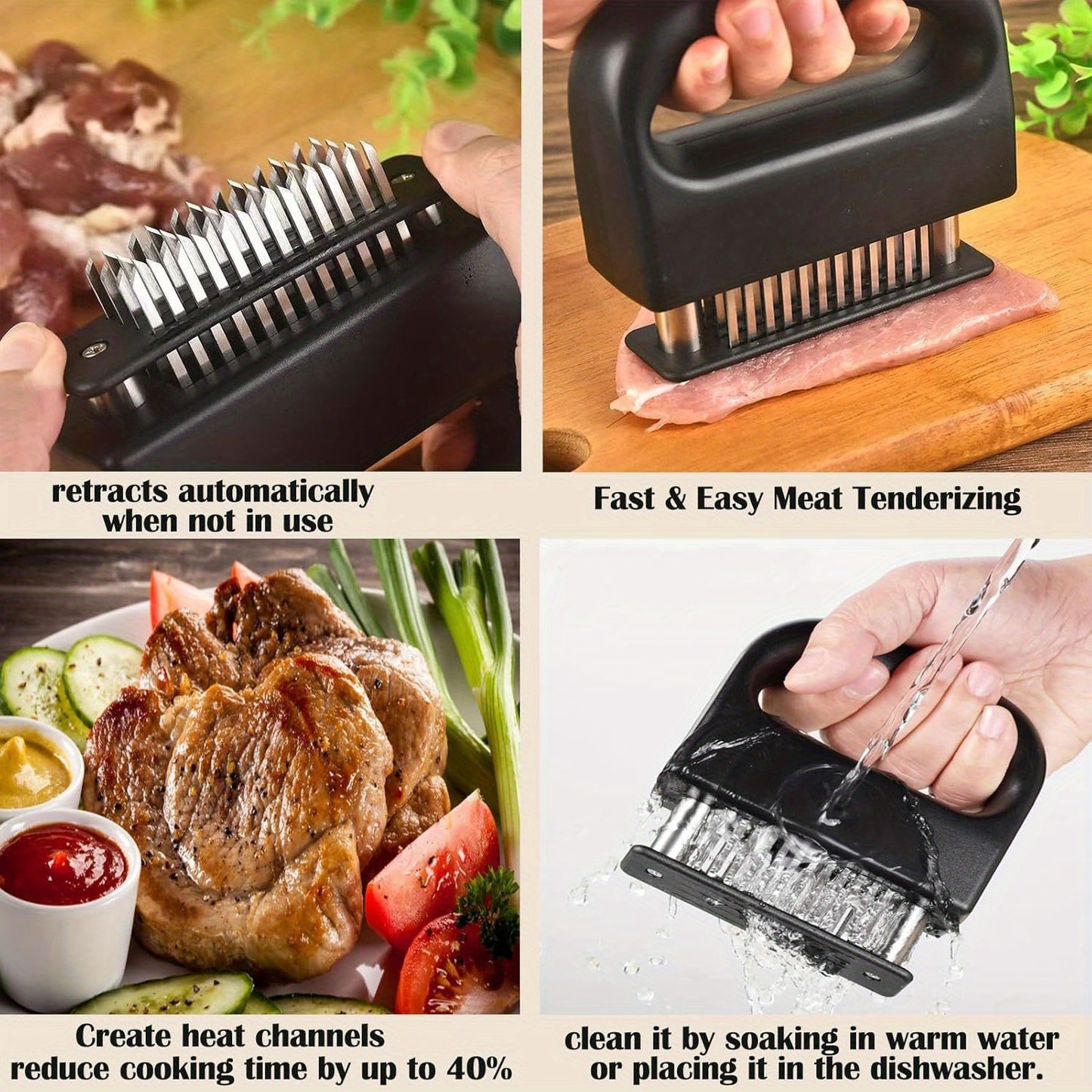 48-Blade Meat Tenderizer – Stainless Steel Needle Tool with Safety Lock Handle (Black)