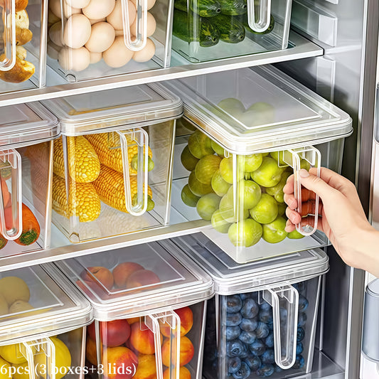 6-Pack Fridge Storage Containers – Plastic Organizer Bins with Handles & Lids for Food, Fruits & Veggies