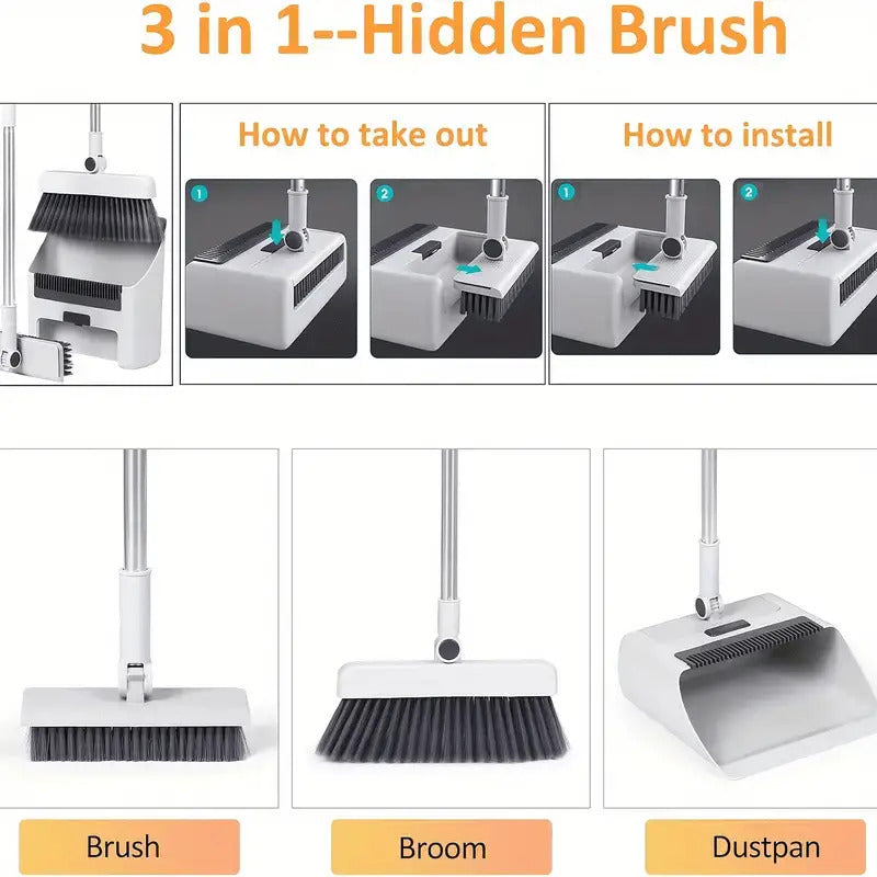 3-in-1 Cleaning Set – Broom, Dustpan & Brush Combo for Home, Office & Dorm (Anti-Hair Stick)