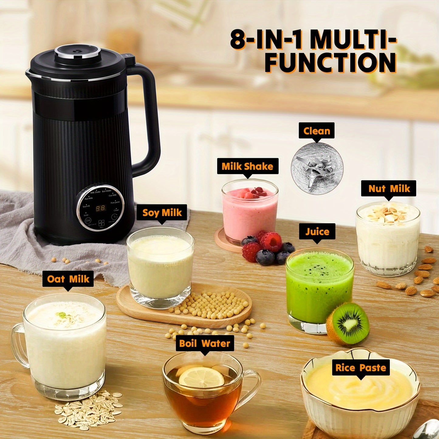 8-in-1 Nut Milk Maker – 32oz Plant-Based Milk Machine with Delay Start & Keep Warm (Black)