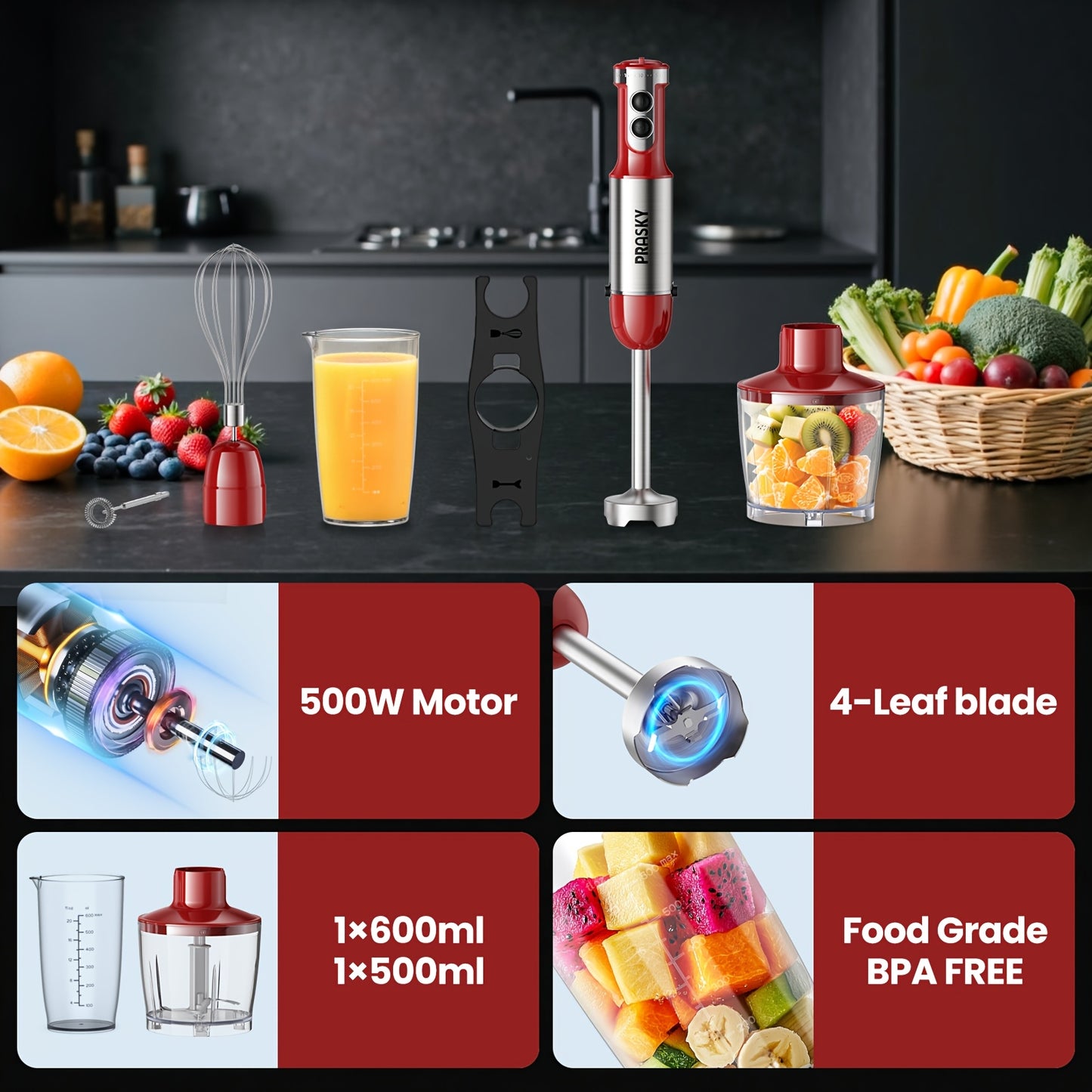 5-in-1 Immersion Hand Blender – Powerful Motor, Multi Attachments (Whisk & Chopper) 120V US Plug