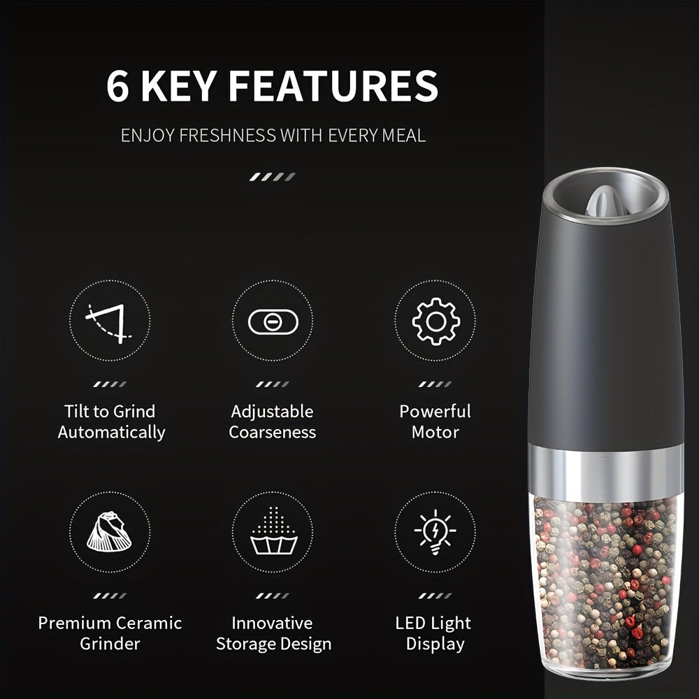 Gravity Electric Salt & Pepper Grinder Set – Automatic One-Hand Battery Mill with LED Light & Adjustable Coarseness