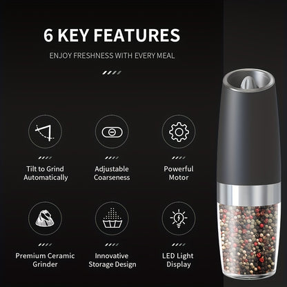 Gravity Electric Salt & Pepper Grinder Set – Automatic One-Hand Battery Mill with LED Light & Adjustable Coarseness