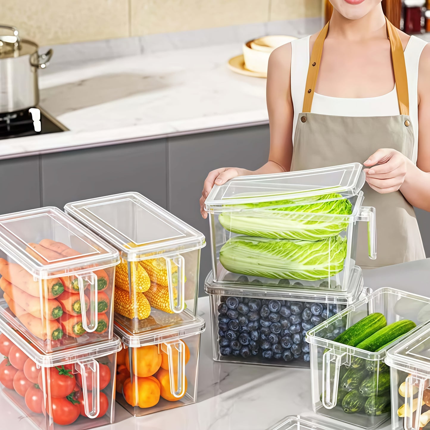 6-Pack Fridge Storage Containers – Plastic Organizer Bins with Handles & Lids for Food, Fruits & Veggies