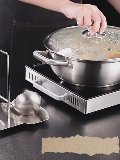 Stainless Steel Pot Lid Rack – Wall-Mounted Organizer with Drain Tray & Spoon Rest (No-Drill)